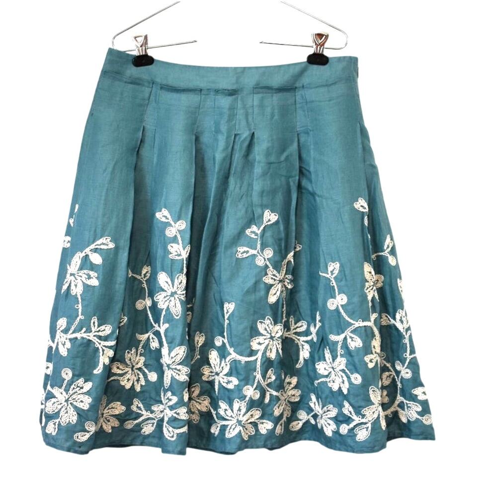 Talbots Floral Embroidered Pleated Skirt Sz 10 Teal 100% Linen Lined Cottagecore